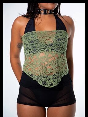 Rave with mi gente Green Lace scarf top AND black halter size L - new/never worn